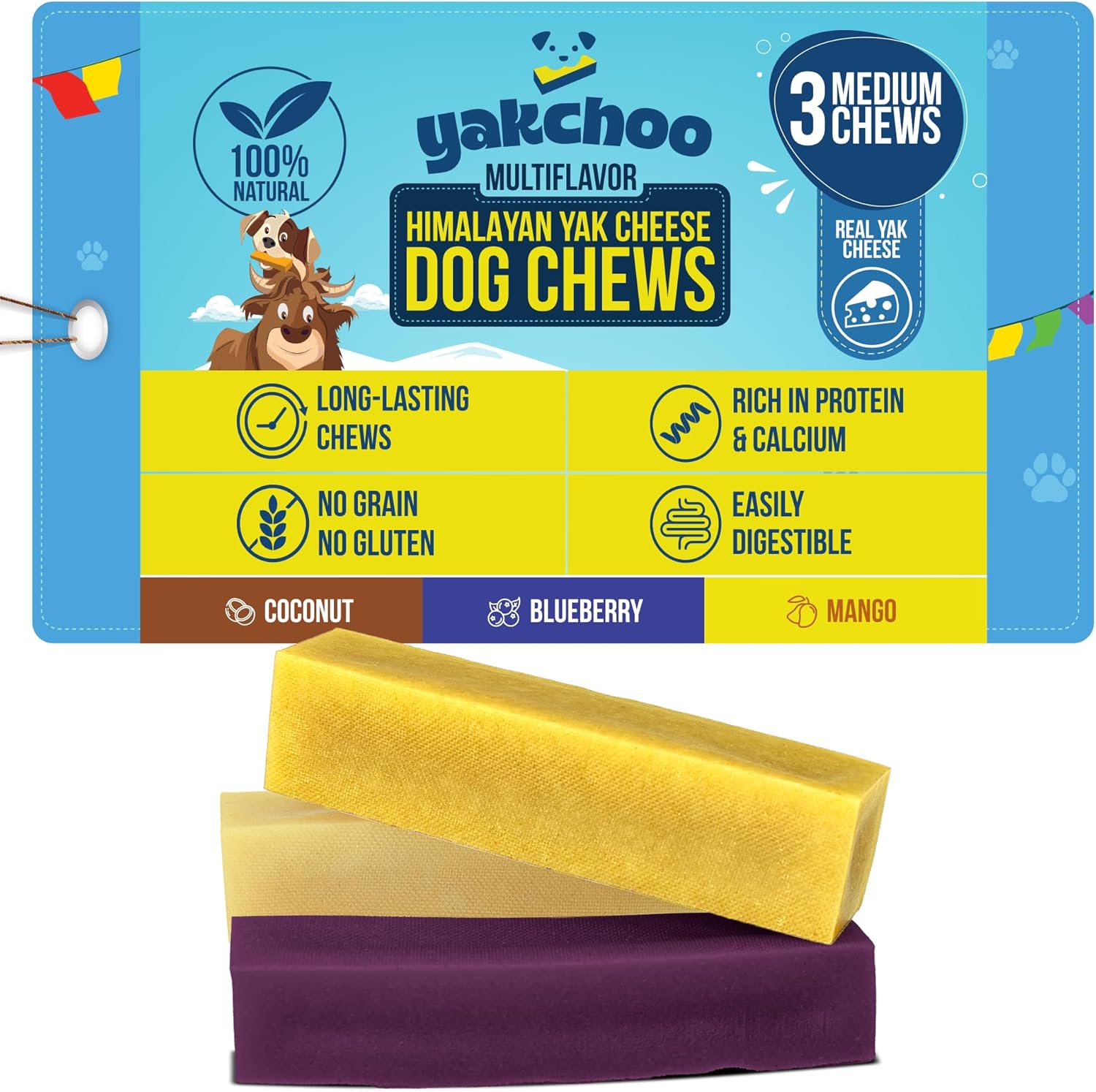 Yakchoo Himalayan Yak Cheese Dog Chews – Medium 70g - Blueberry Coconut & Mango 3 Pack