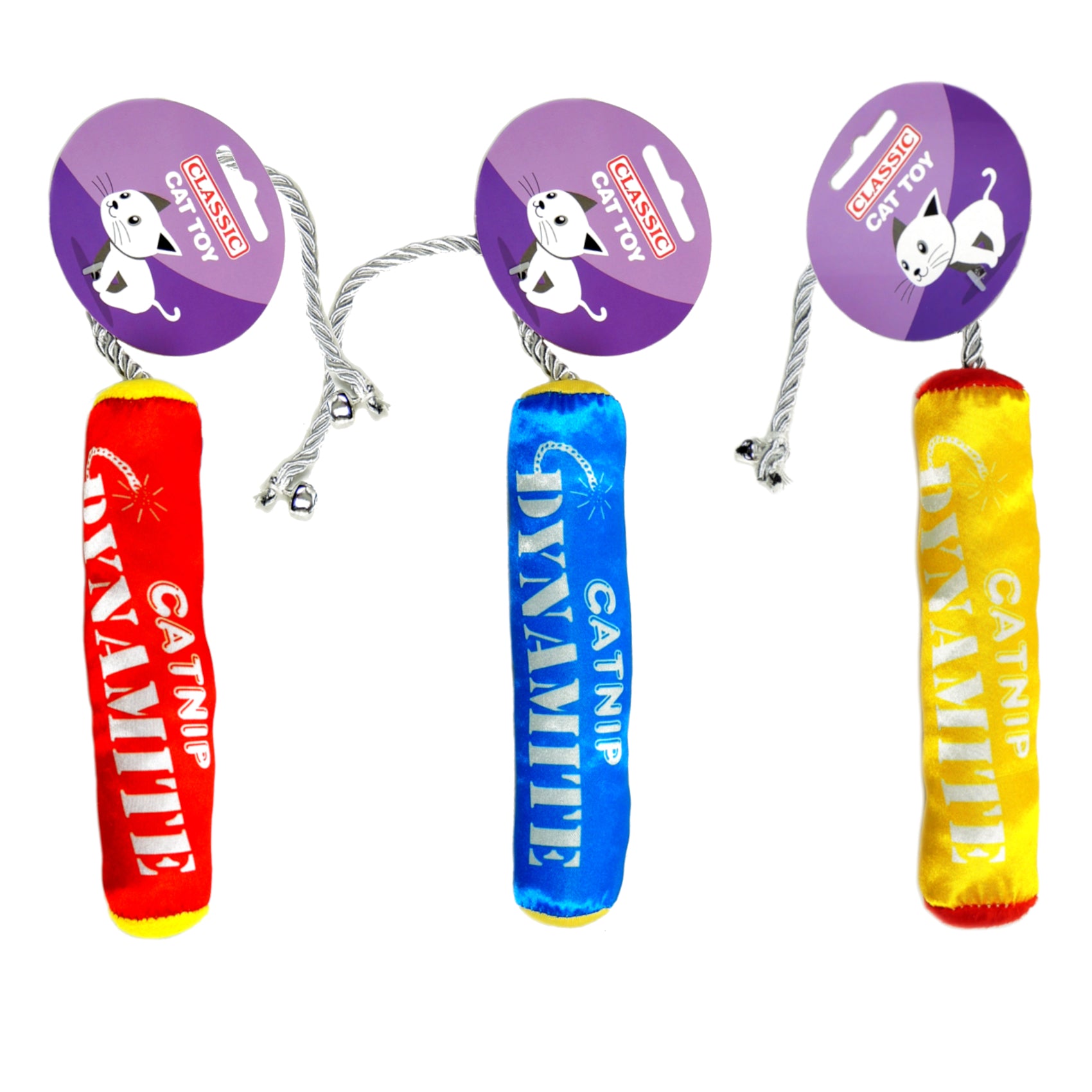 Classic Catnip Dynamite Cat Toy Sticks 150mm – Pack of 3 (Red, Blue & Yellow)