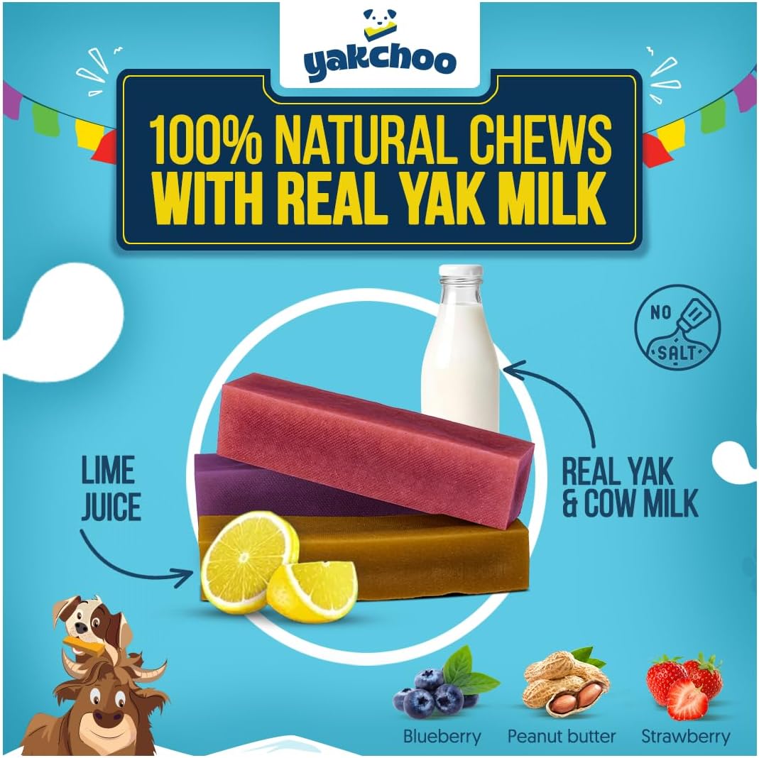 Yakchoo Himalayan Yak Cheese Dog Chews – Medium 70g - Blueberry Strawberry & Peanut Butter 3 Pack