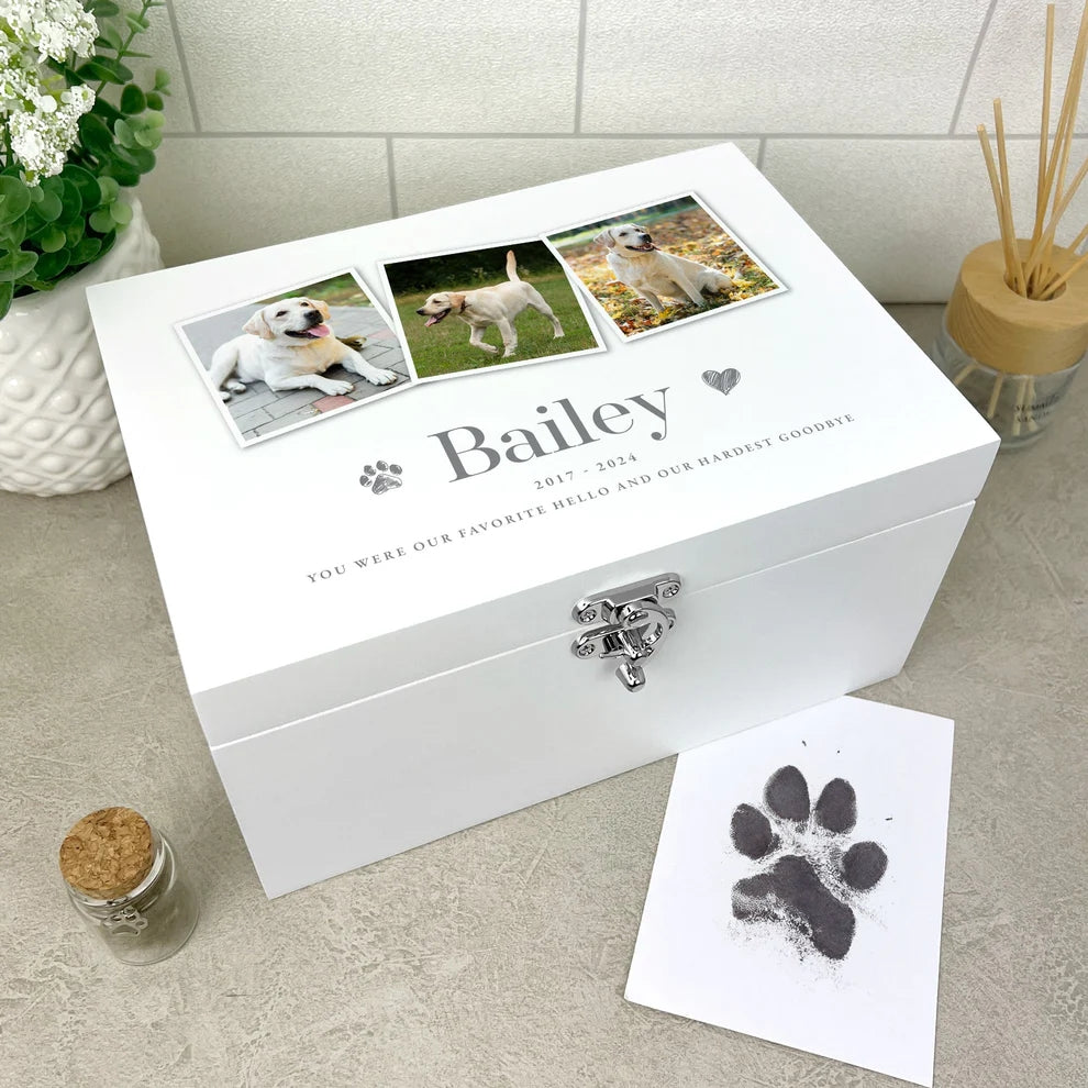 Personalised White Wooden Three Photo Pet Memorial Keepsake Box 3 Sizes