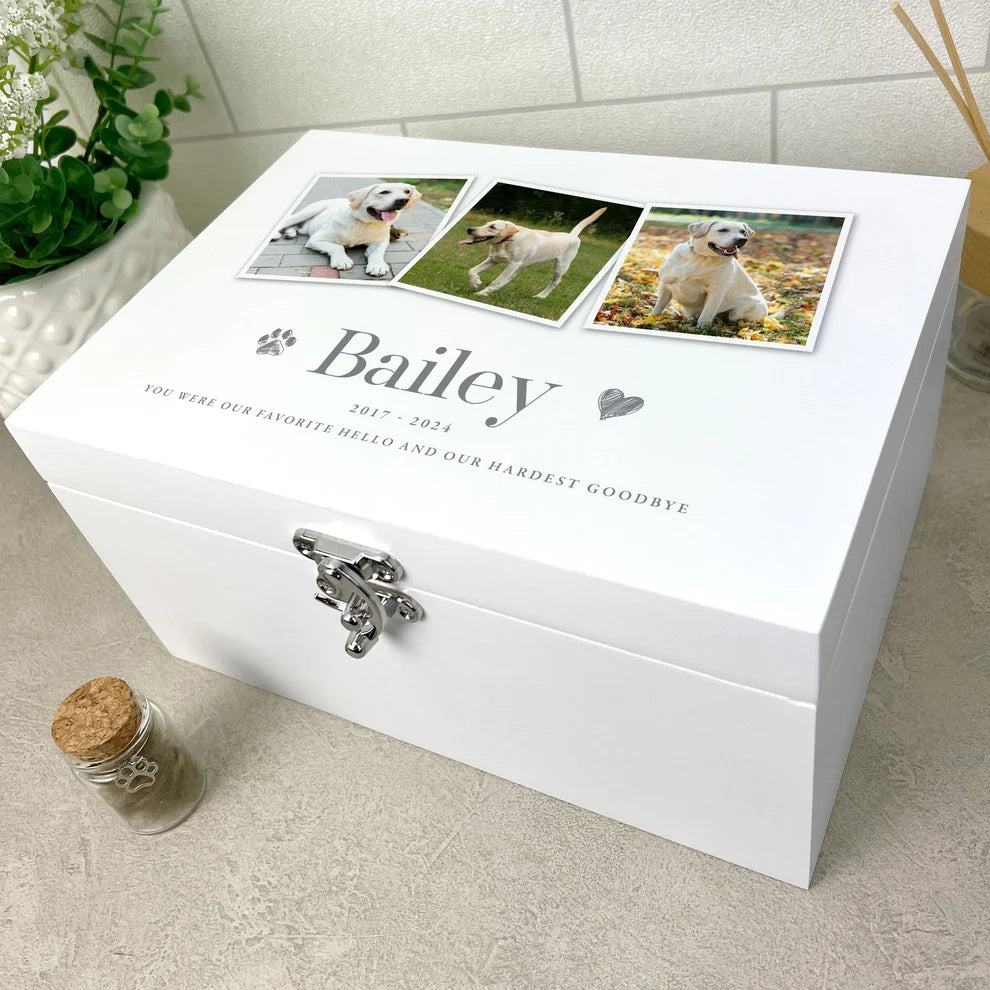 Personalised White Wooden Three Photo Pet Memorial Keepsake Box 3 Sizes