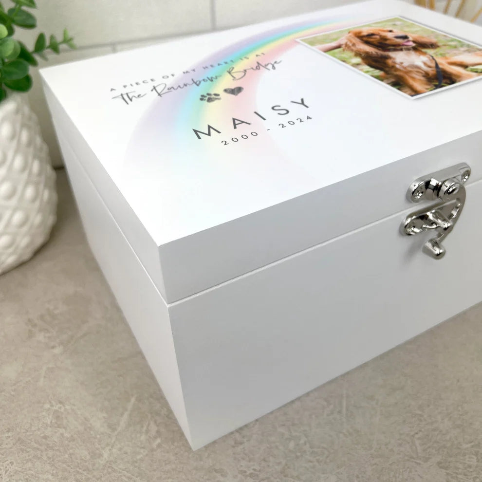 Personalised White Wooden Rainbow Bridge Pet Photo Memorial Keepsake Box 3 Sizes