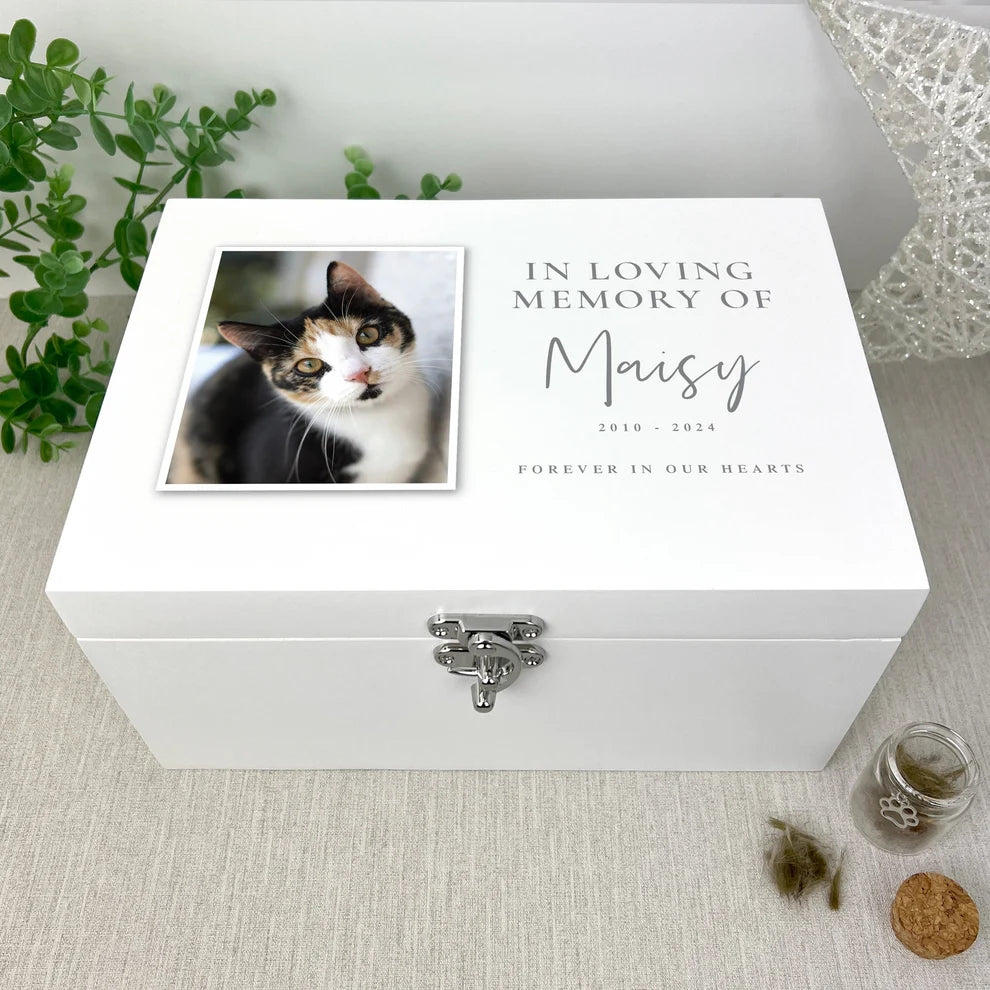 Personalised White Wooden In Loving Memory Of Pet Photo Memorial Keepsake Box 3 Sizes