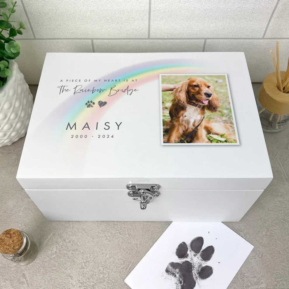 Personalised White Wooden Rainbow Bridge Pet Photo Memorial Keepsake Box 3 Sizes